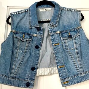 Vintage Cropped and Studded Tommy Hilfiger Jean Jacket Size Large